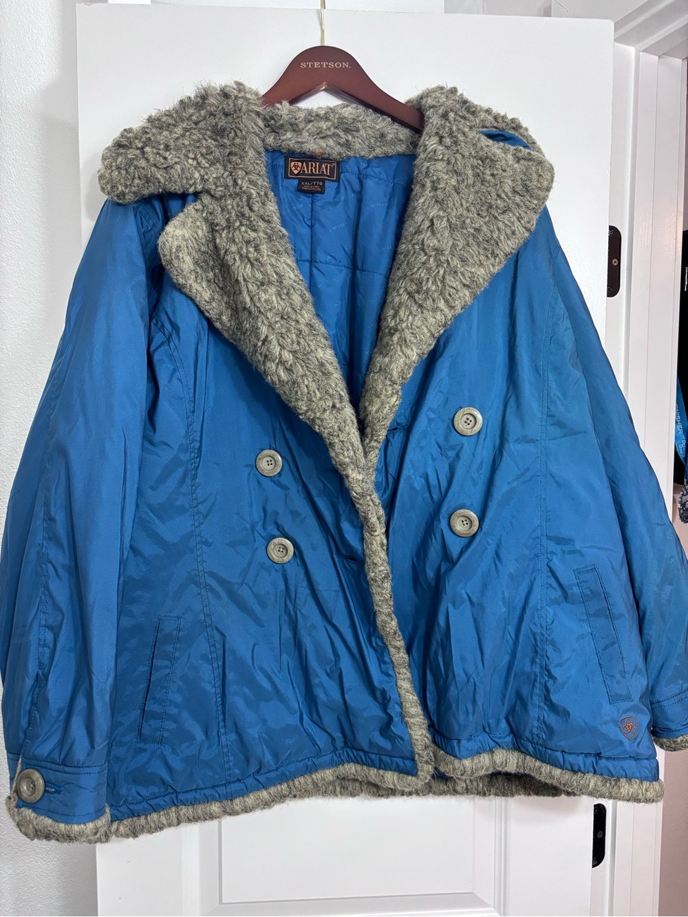 Ariat Blue Pea Coat with Gray Faux Fur Trim
